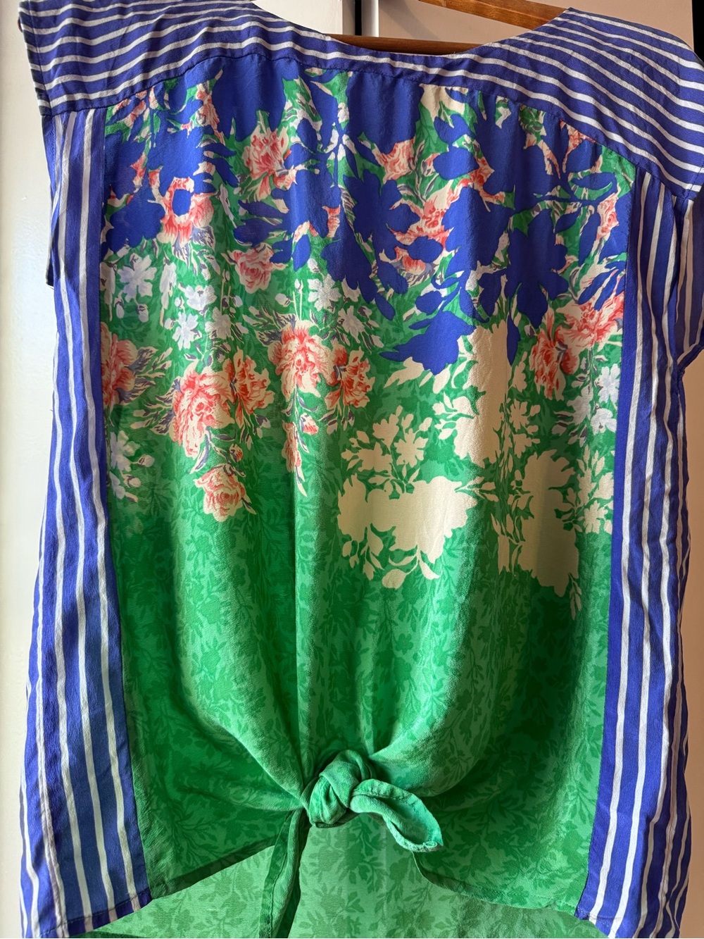 Anthropologie Moulinette Soeurs 100% Silk Floral Stripe Tie-Front Blouse S
